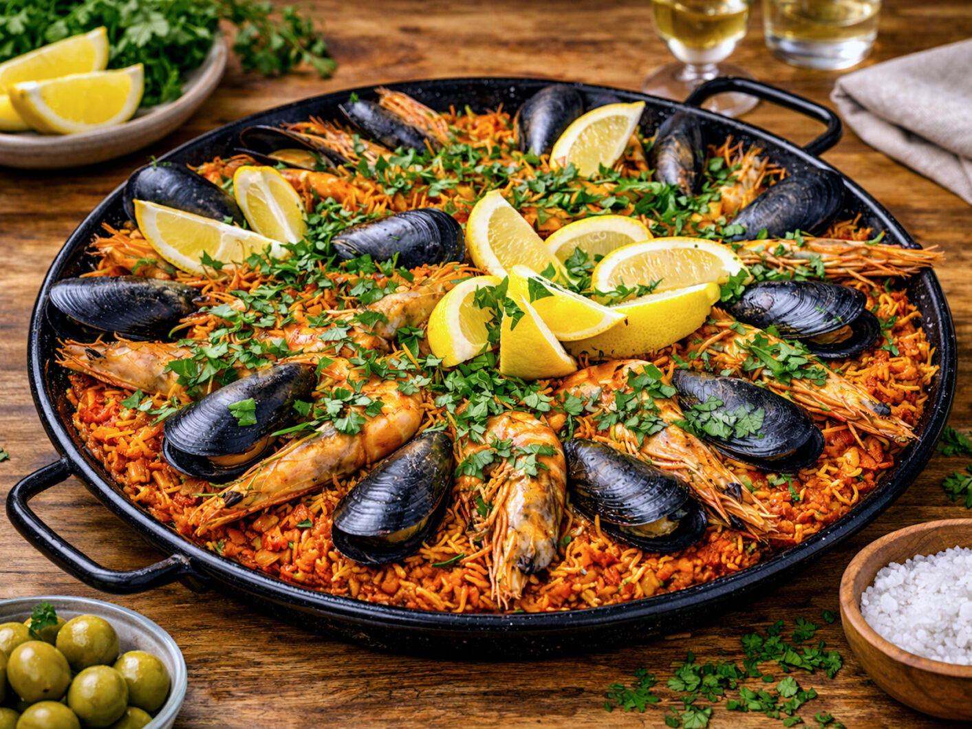 Seafood fideua with prawns, mussels and calamari