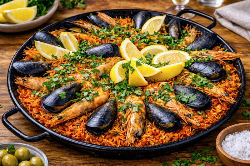 Seafood fideua with prawns, mussels and calamari