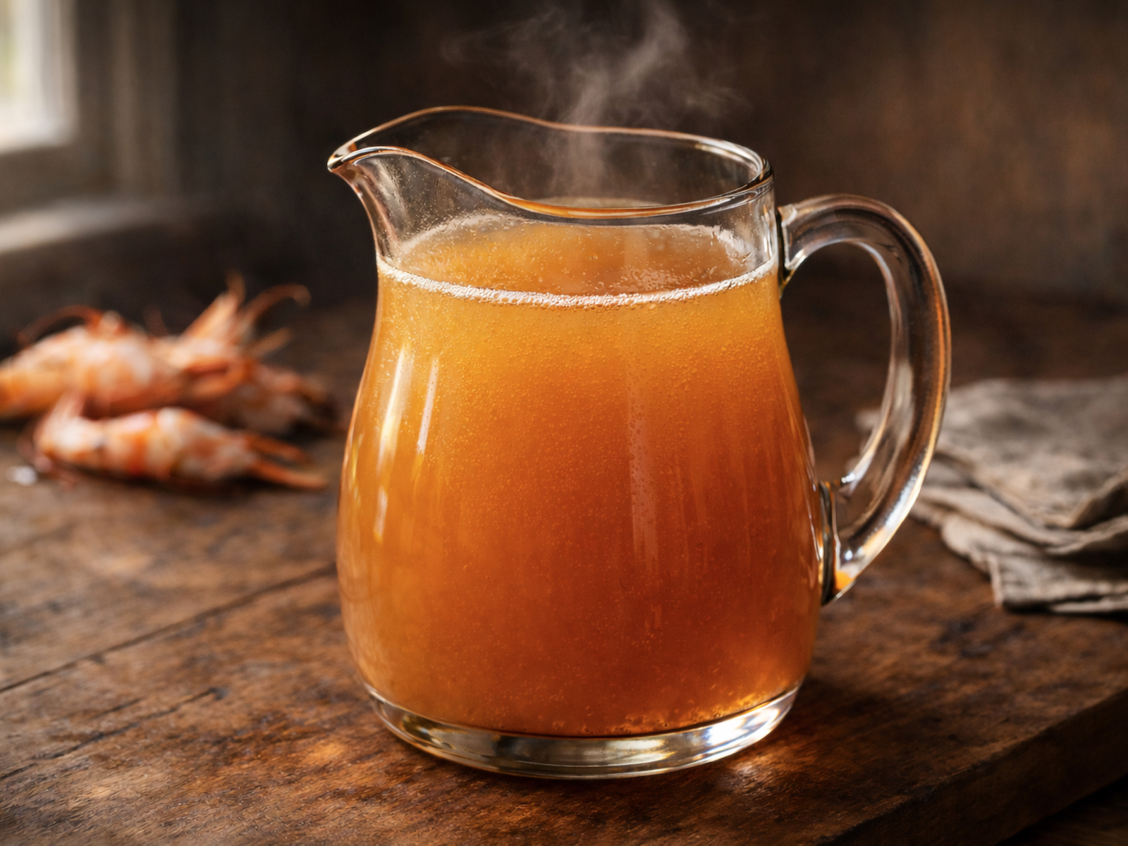 a jug of homemade seafood stock made with shellfish