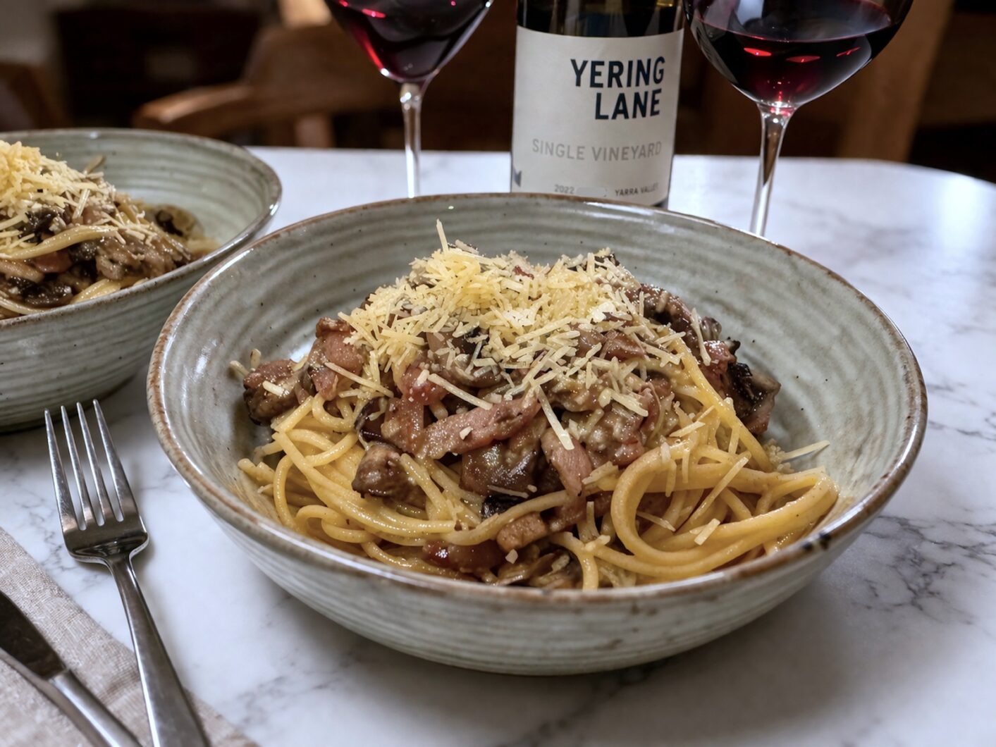 spaghetti carbonara and wine