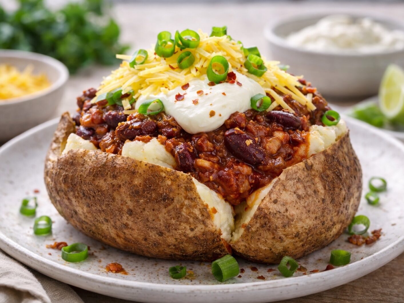 Jacket potato topped with chilli con carne