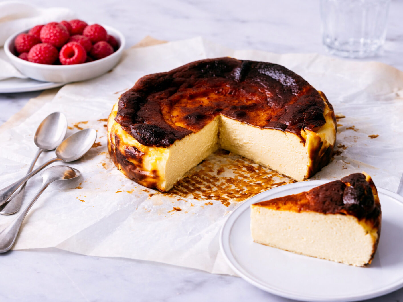 Burnt Basque cheesecake with bowl raspberries