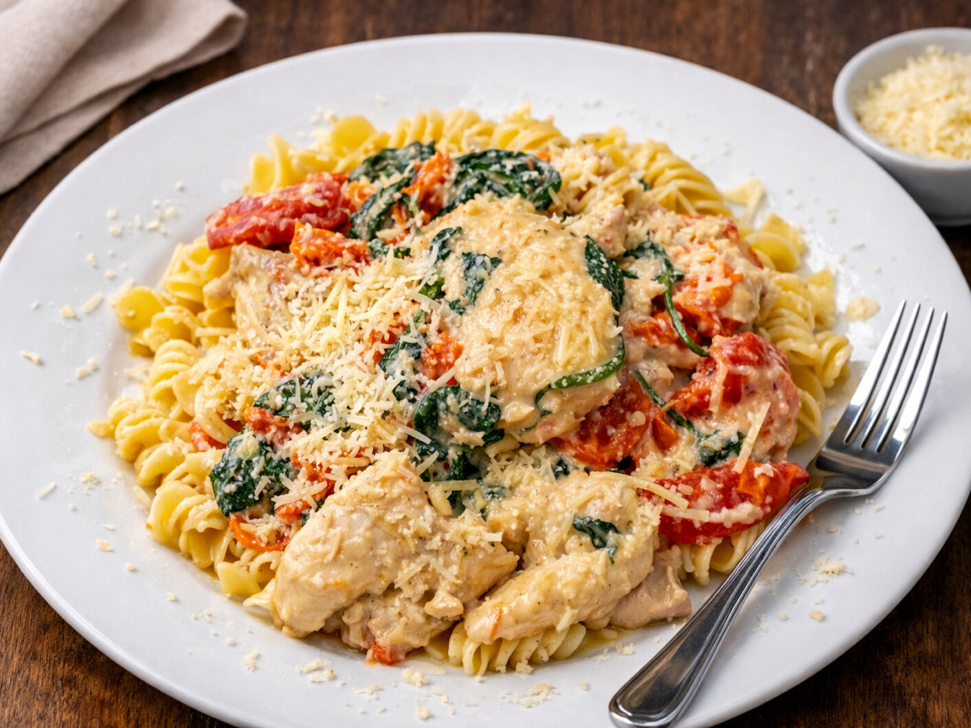 Creamy sun-dried tomato and chicken pasta with Parmesan