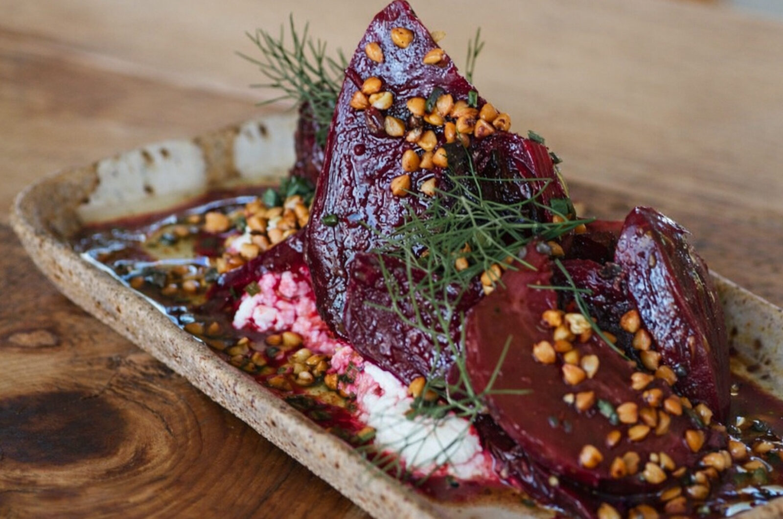 Red wine-roasted beetroot with fetta & toasted buckwheat