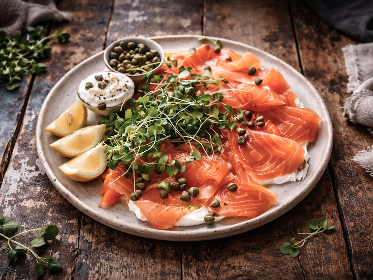 smoked salmon platter with capers and micro herbs